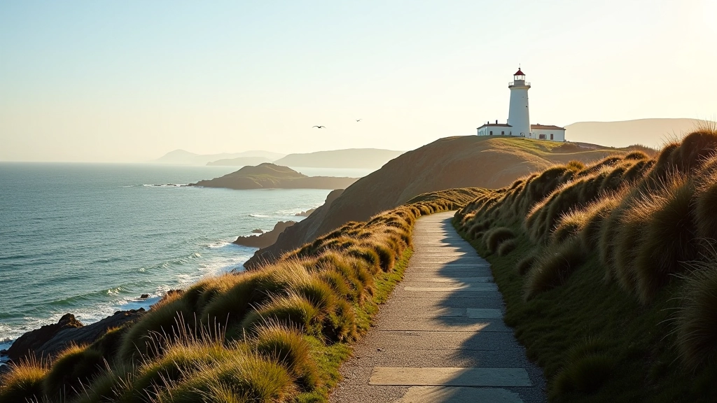 Dramatic coastal cliff pathway with Howth Lighthouse visible on distant headland and seagulls in flight