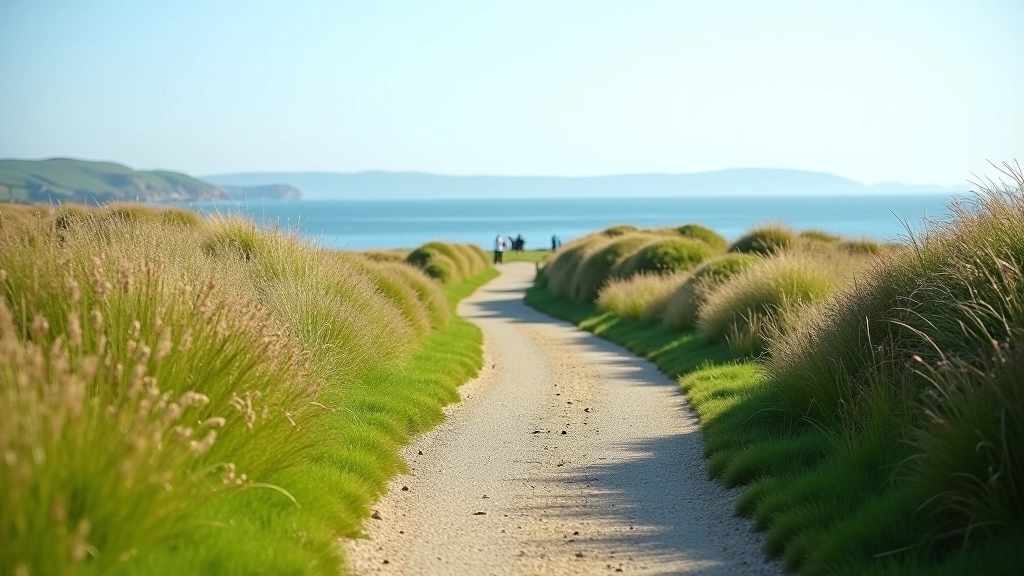 Coastal path with ocean views and green hillside overlooking Dublin Bay
