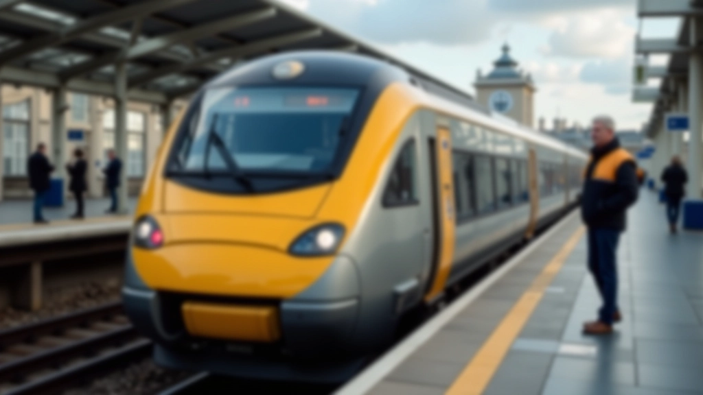 Modern Dublin DART train pulling into Howth Station platform with harbour visible in background