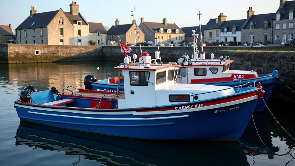 Colorful fishing boats moored at Howth Harbour with historic buildings reflected in calm water