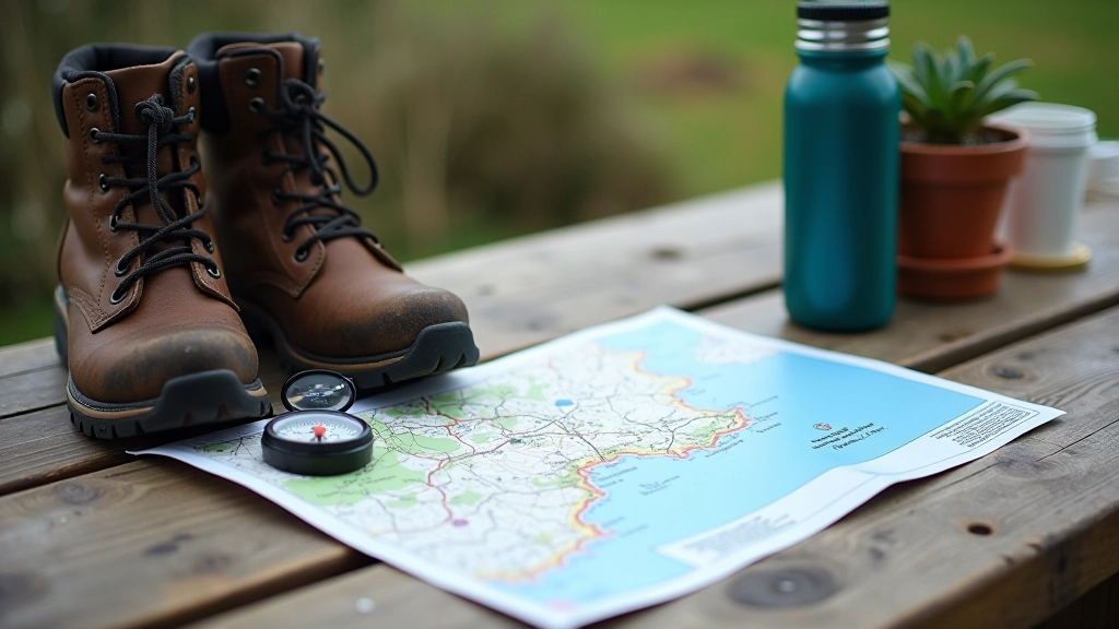 Overhead view of hiking boots and map on wooden table with compass and water bottle