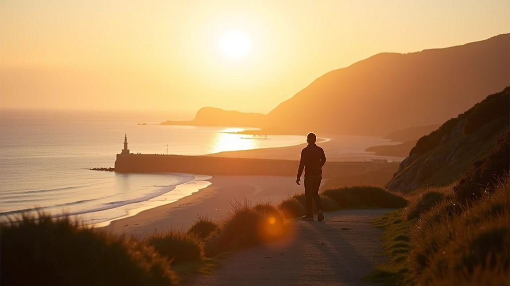 Early morning light over Howth coastline, golden sun rays, calm waters, minimal crowds, peaceful seaside atmosphere