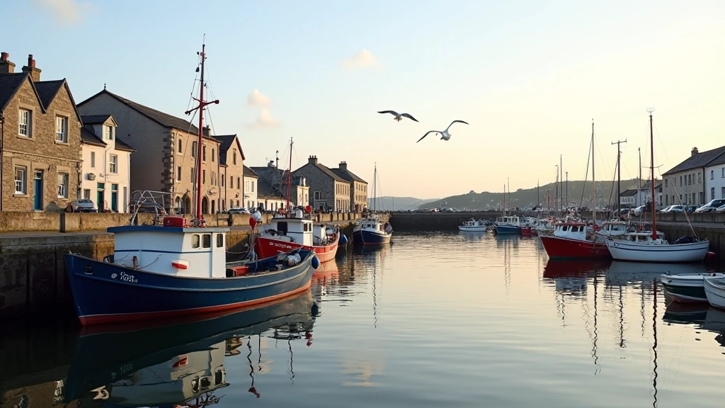 Panoramic view of Howth Harbour with colorful fishing boats and historic waterfront buildings