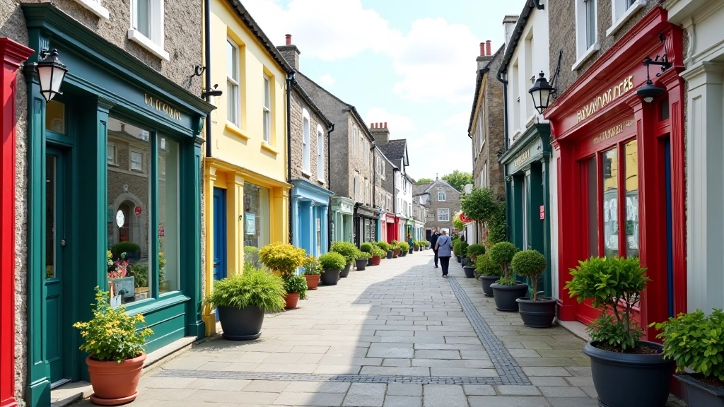 Narrow village street in Howth with colorful shop fronts and traditional stone buildings