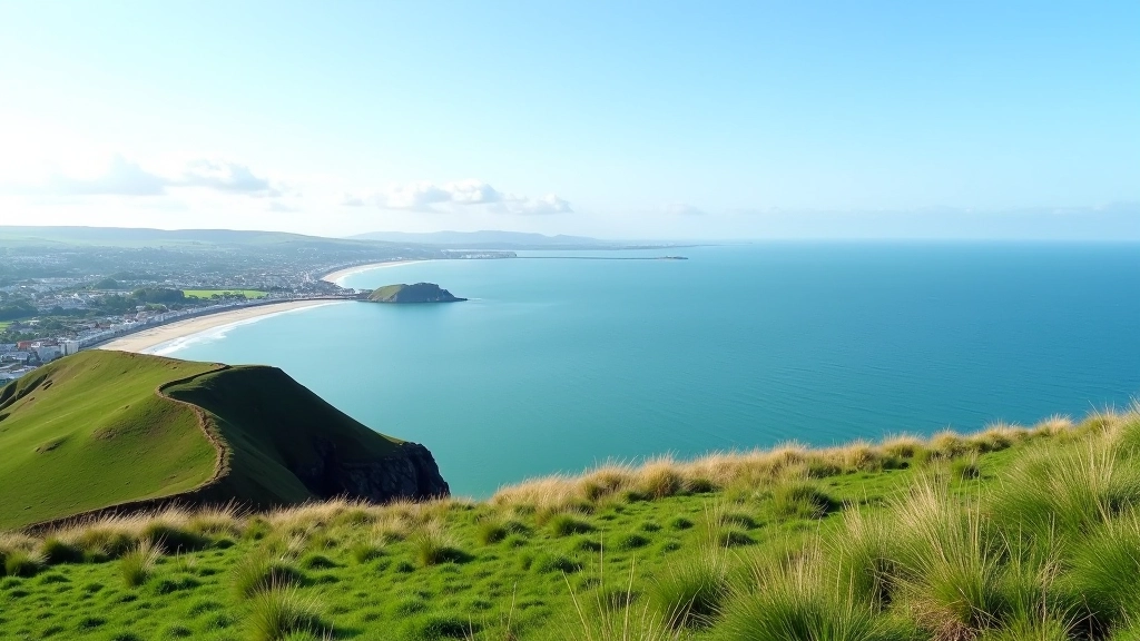 Panoramic view of Dublin Bay from clifftop vantage point with rolling green headland and distant water