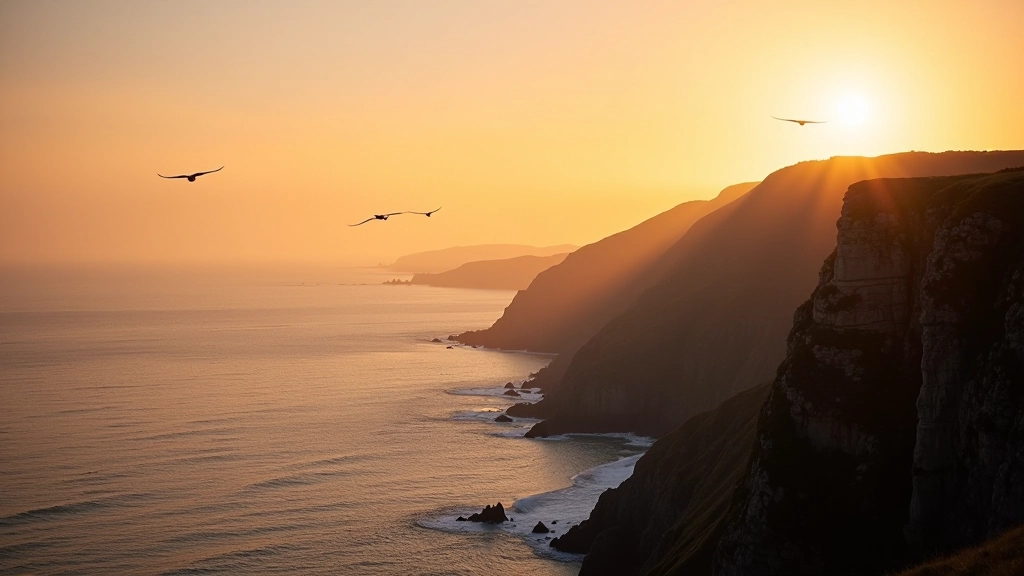 Golden hour light illuminating coastal cliffs and seabirds in flight over Howth peninsula