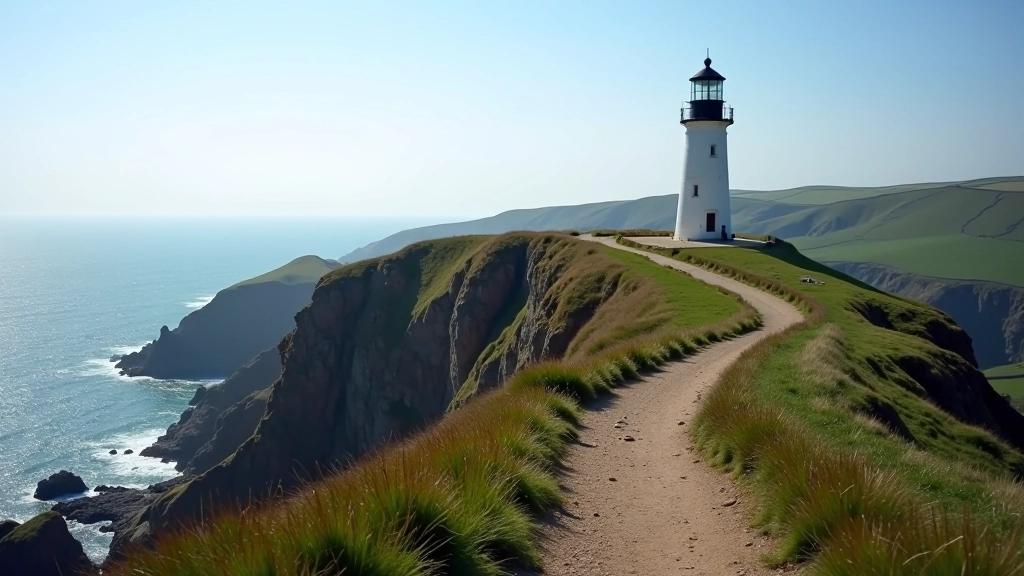 Howth Lighthouse standing on rocky headland with coastal cliff path leading toward it