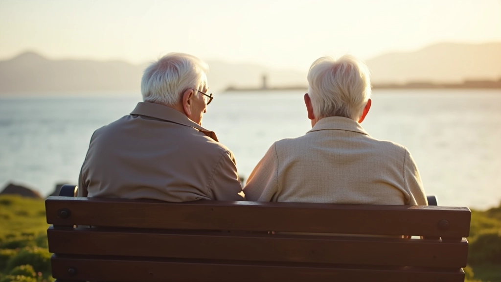 Retired couple sitting on wooden bench overlooking Dublin Bay, enjoying peaceful coastal view