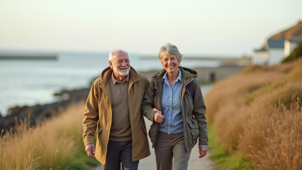 Retired couple walking along Howth coastal pathway with Dublin Bay views in background