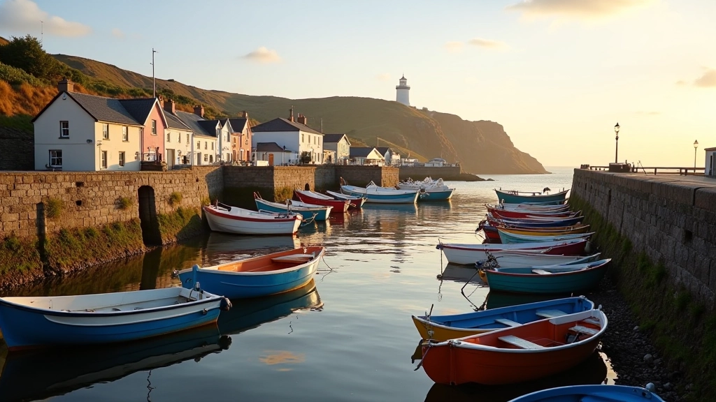 Howth harbour waterfront with traditional boats and coastal village views