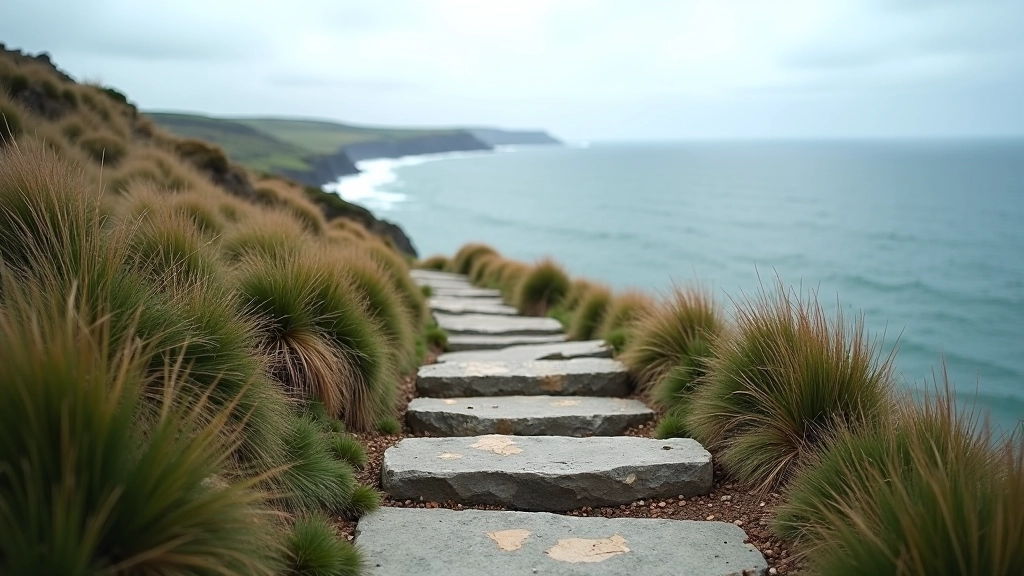 Hiking trail with steep stone steps leading upward, sea cliffs visible on sides, ocean in distance, cloudy coastal weather