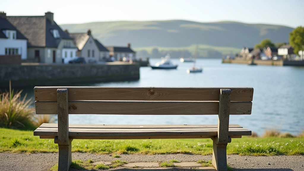 Wooden bench overlooking the harbour with fishing boats and village buildings in background