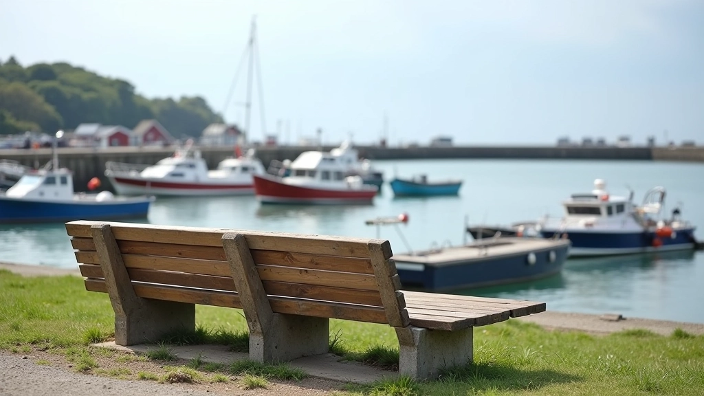 Wooden benches along Howth harbour promenade with fishing boats moored below and Dublin Bay in background